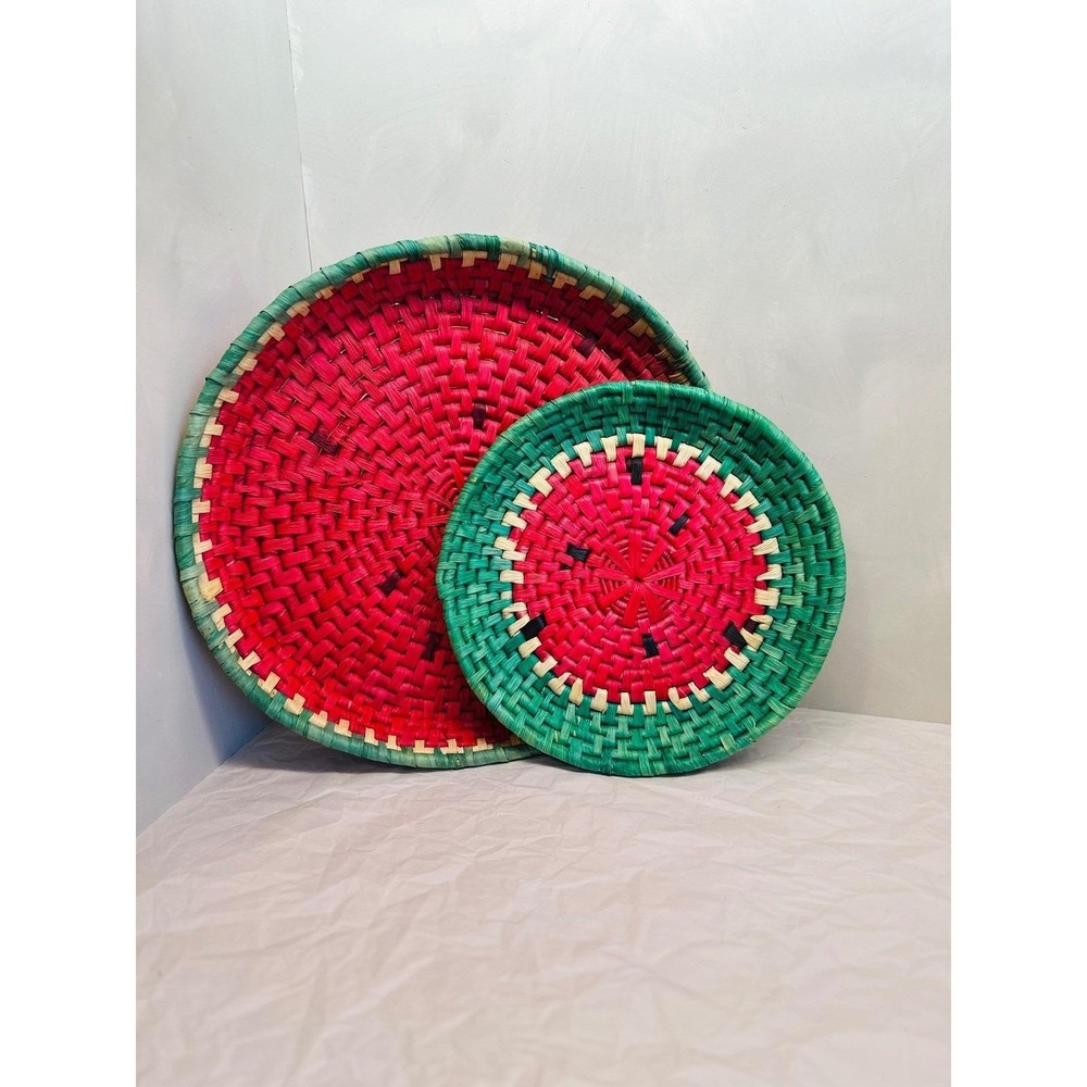 Vintage Watermelon Woven Straw Baskets Set of 2 Boho Wall Decor / Tray